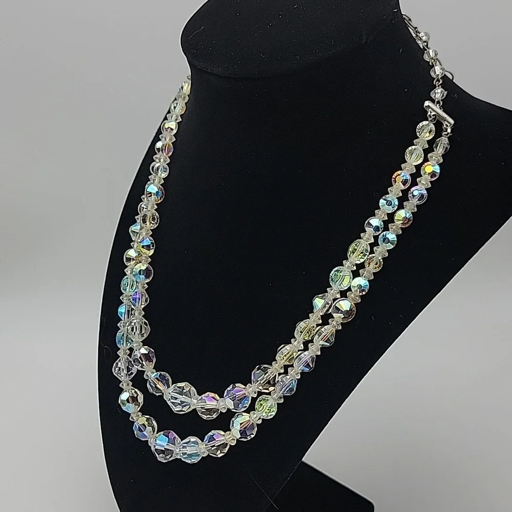 VTG Elegant 2 Strand Silver Crystal AB Aurora Borealis Necklace 15-18